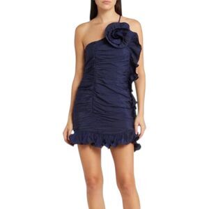 Moon River Navy Rosette Ruffle Trim One Shoulder Mini Dress S